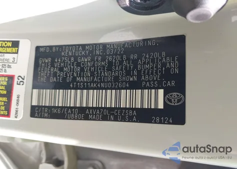 2022 Toyota Camry Se z USA, uszkodzony, nr VIN 4T1S11AK4NU032604